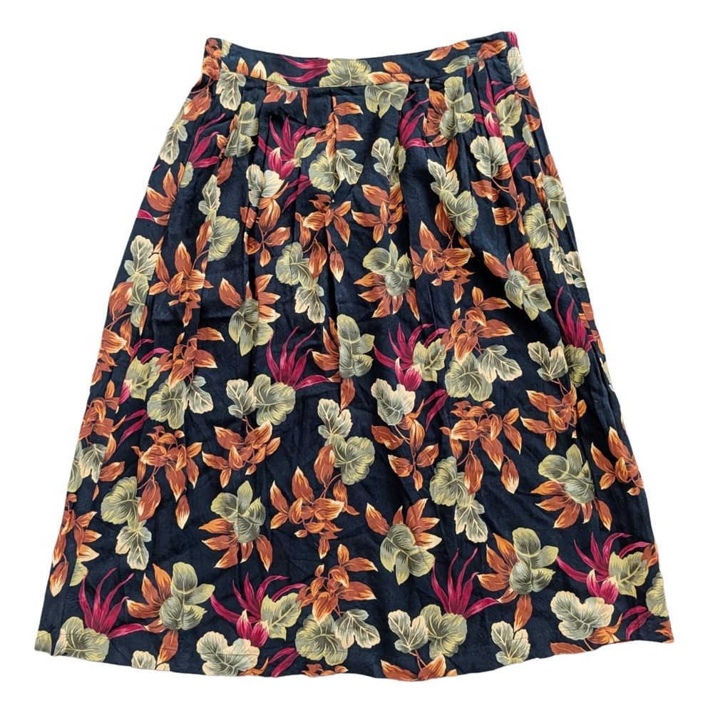 Sag Harbor Petite Vintage Black Green Orange Floral A-Line Midi Skirt Size Large